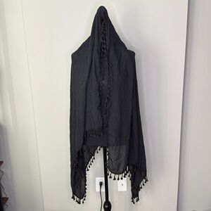 Black Blanket Scarf Sarong Semi-Sheer with Tassels 66" x 36"